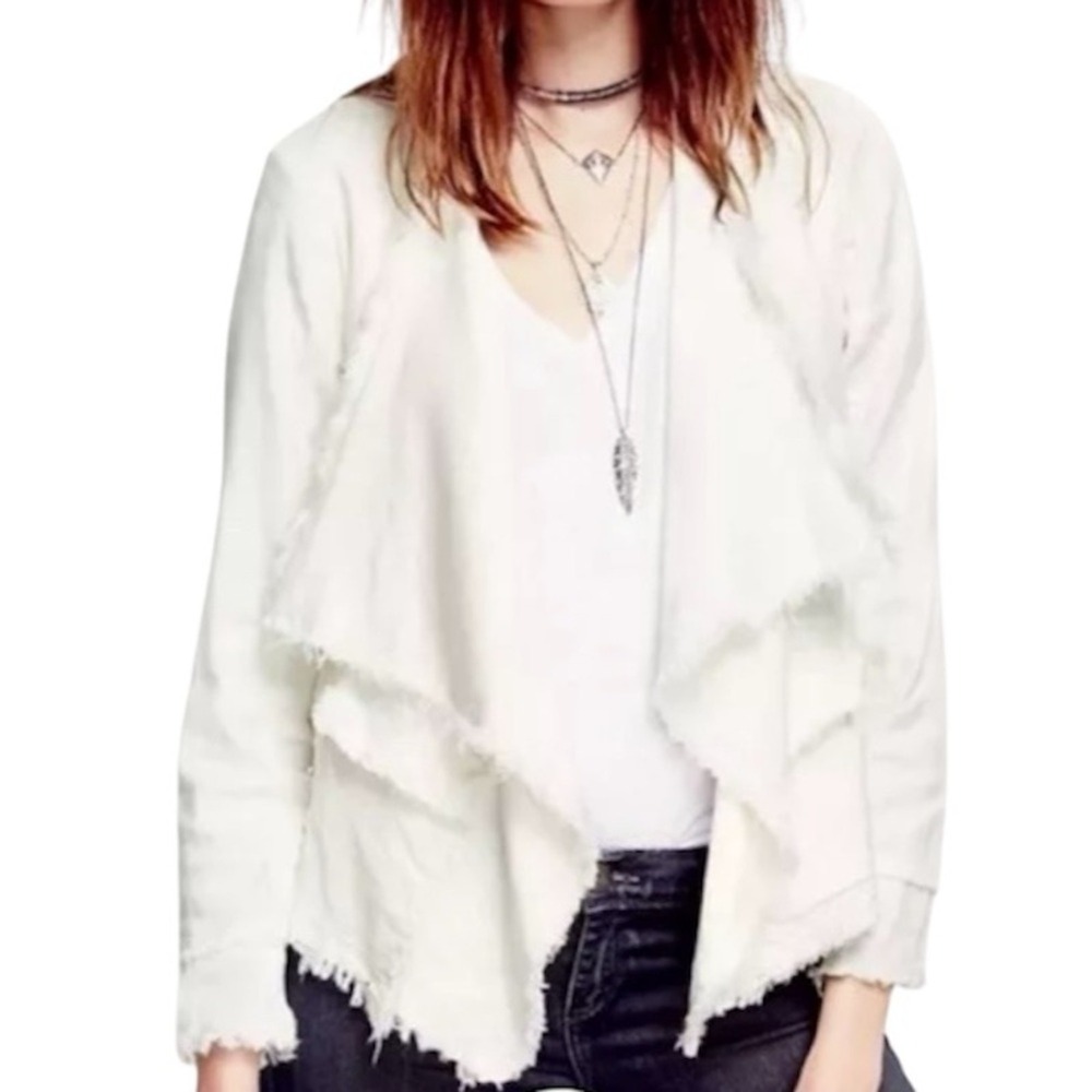 Free People‎ Femme Ivory Linen Jacket Medium Waterfall Raw Hem Anthro